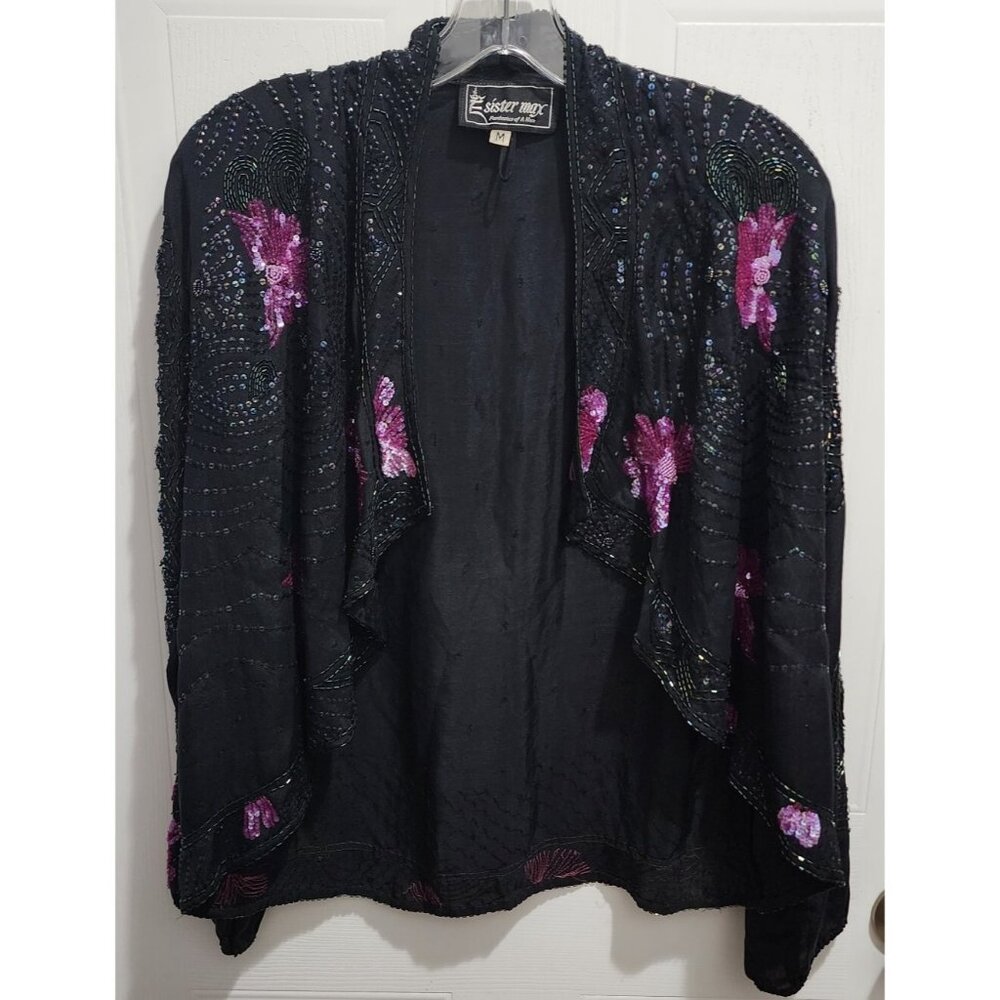 Vtg 80s Sister Max Women's Open Front Cardigan Jacket Black Sequin Beaded Silk M